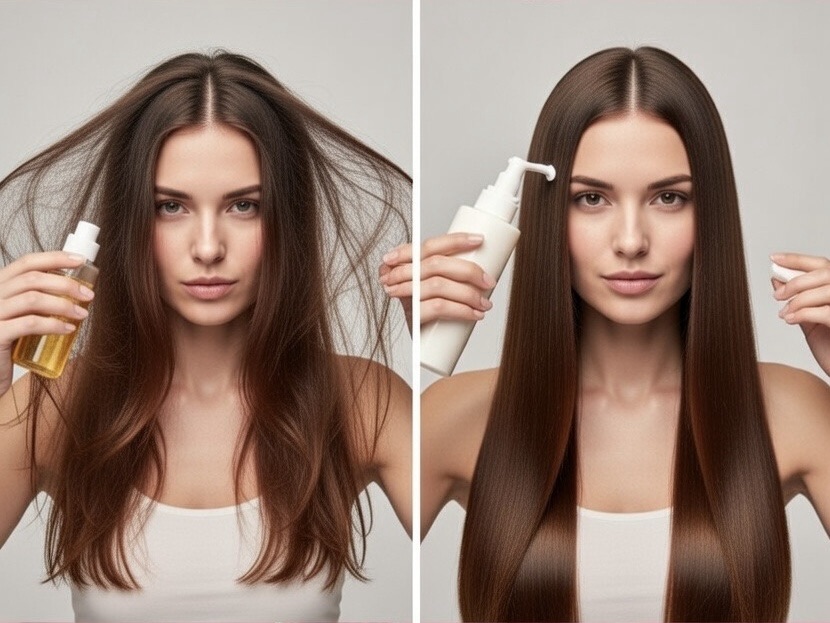 ヘアオイルを使う女性とヘアミルクを使う女性